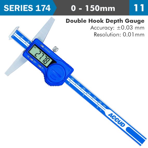 DIG. CALIPER 150MM 0.03MM ACC. DOUBLE HOOK DEPTH 0.01MM RES. S/STEEL