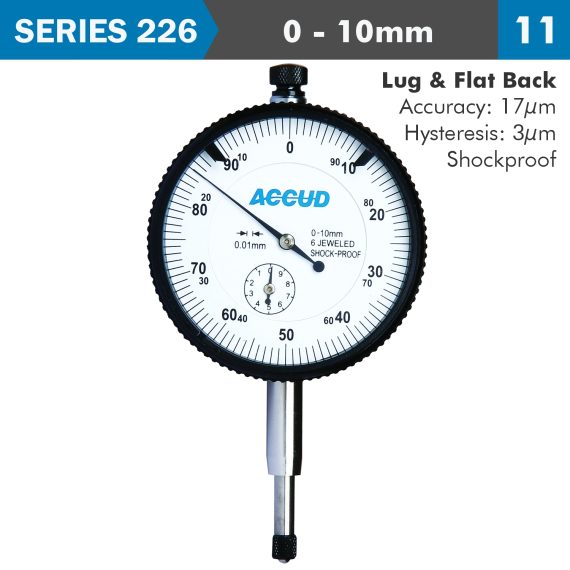 DIAL INDICATOR 10MM SHOCKPROOF 0.01MM GRAD. LUG&FLAT BACK