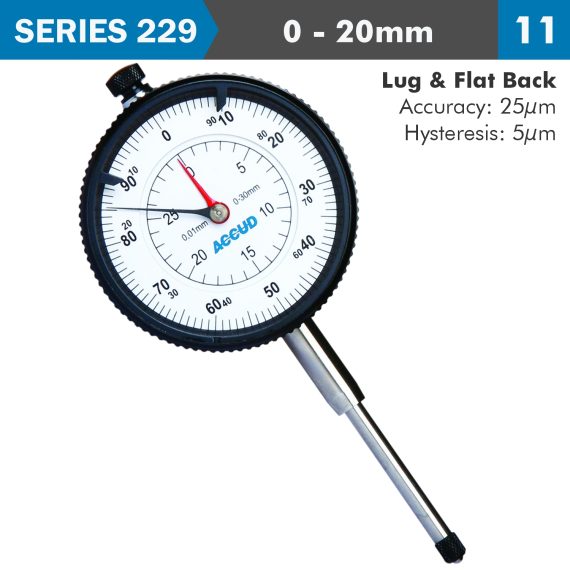 DIAL INDICATOR 20MM 0.01MM GRAD. LUG&FLAT BACK