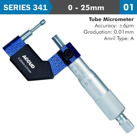TUBE MICROMETER 25MM 0.006MM ACC. 8X1.8MM ANVIL 0.01MM GRAD.